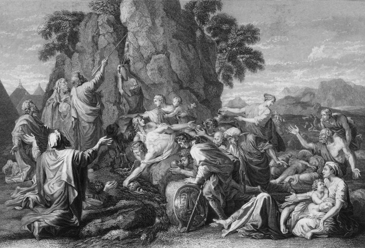 Mojżesz dwukrotnie uderzył w skałę, a woda wypłynęła obficie, 1840. autorstwa George Presbury