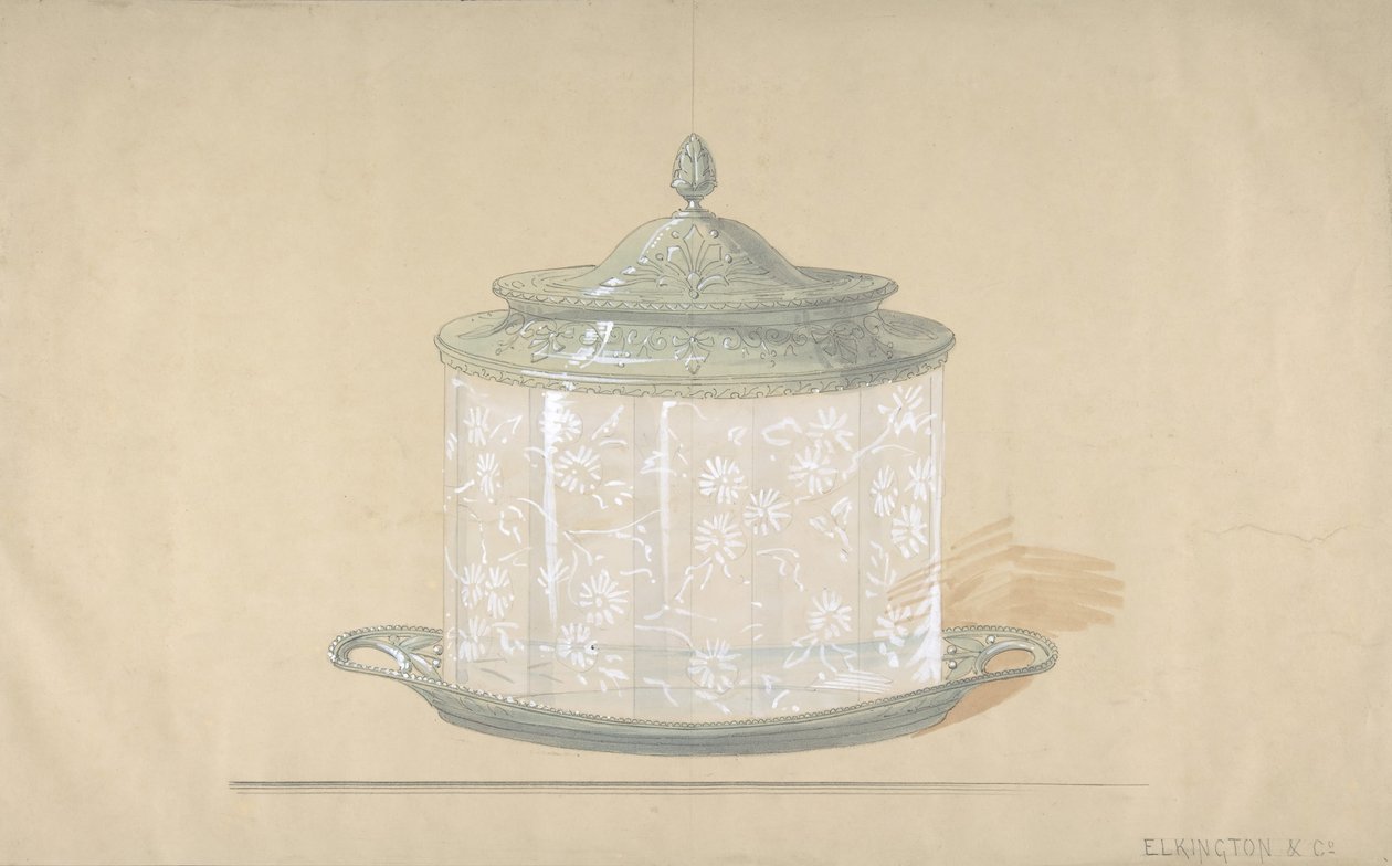 Projekt szklanego pudełka ze srebrną podstawą i pokrywą, 1820-65. autorstwa George Richards Elkington