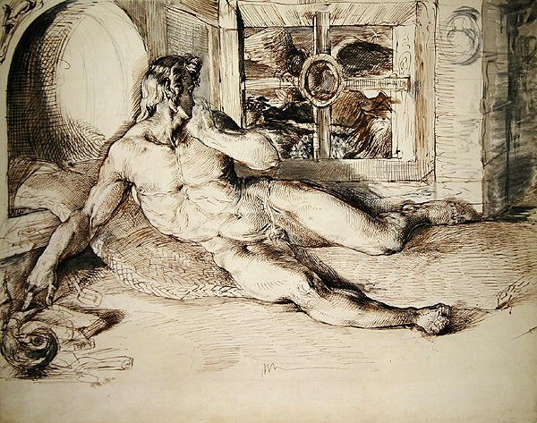 Leżący młodzieniec spłoszony przez sowę autorstwa George Richmond