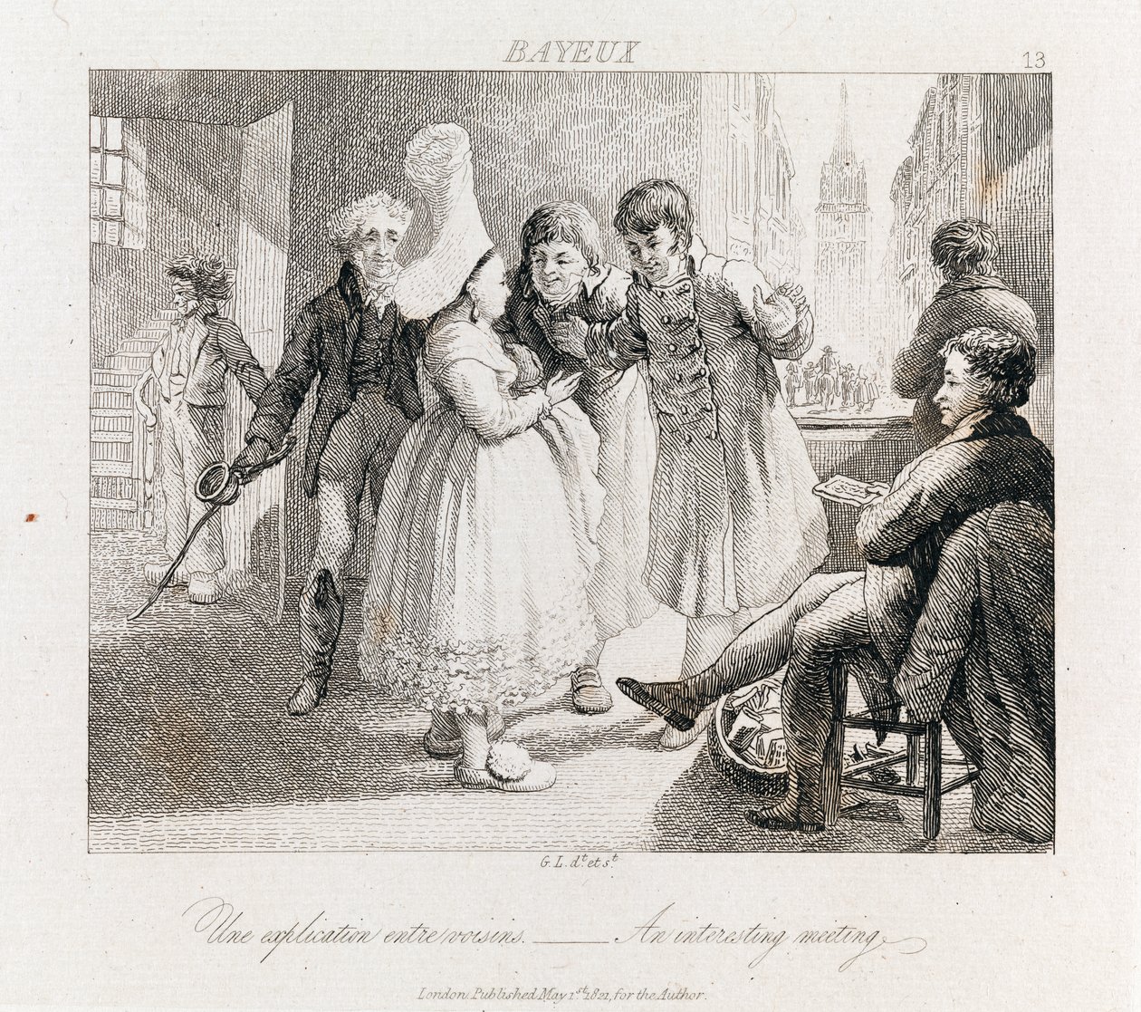 Ciekawe spotkanie - Bayeux, ok.1821 (akwaforta) autorstwa George Robert Lewis
