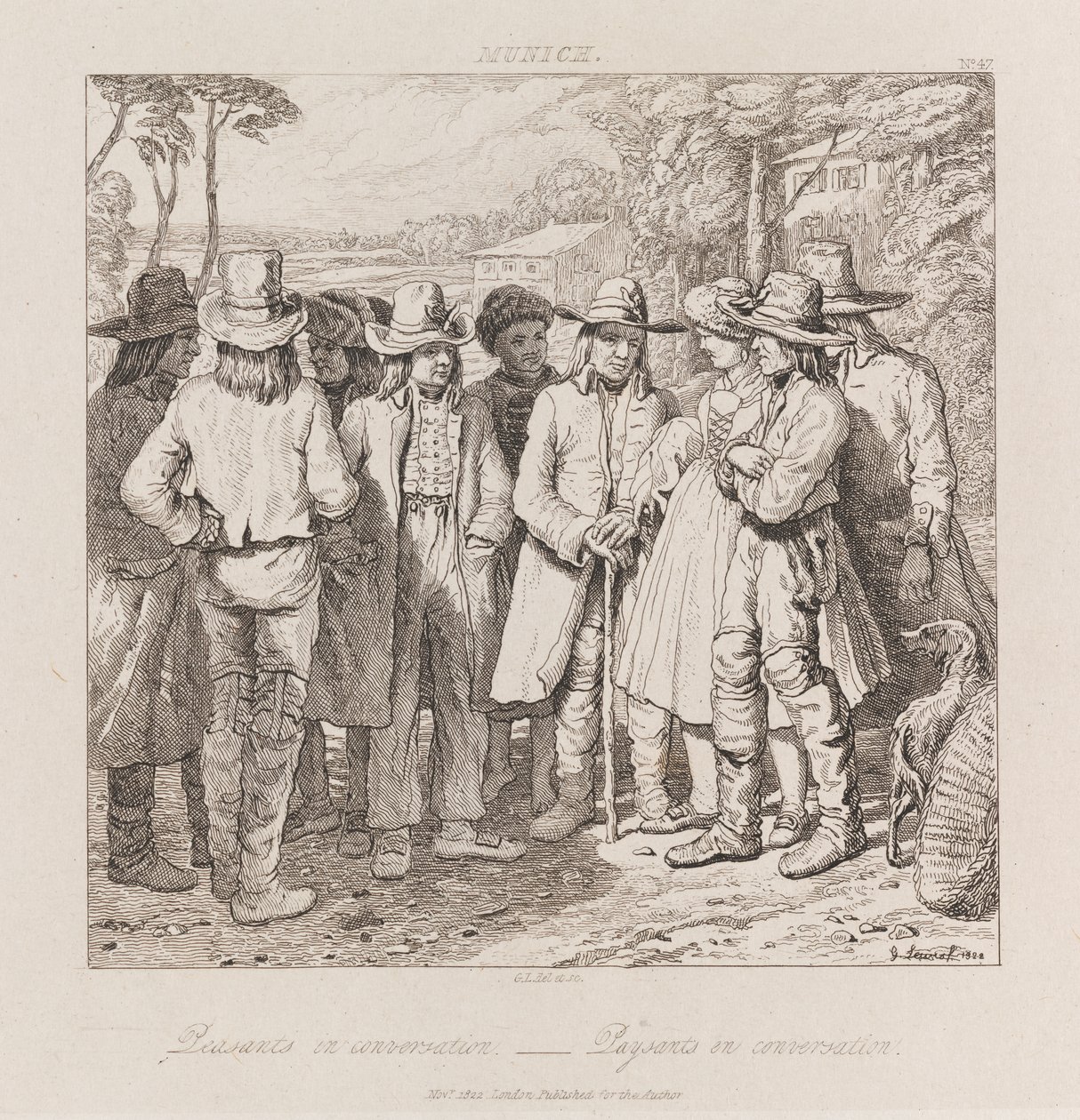Chłopi rozmawiają, Monachium, ok. 1821 (akwaforta) autorstwa George Robert Lewis