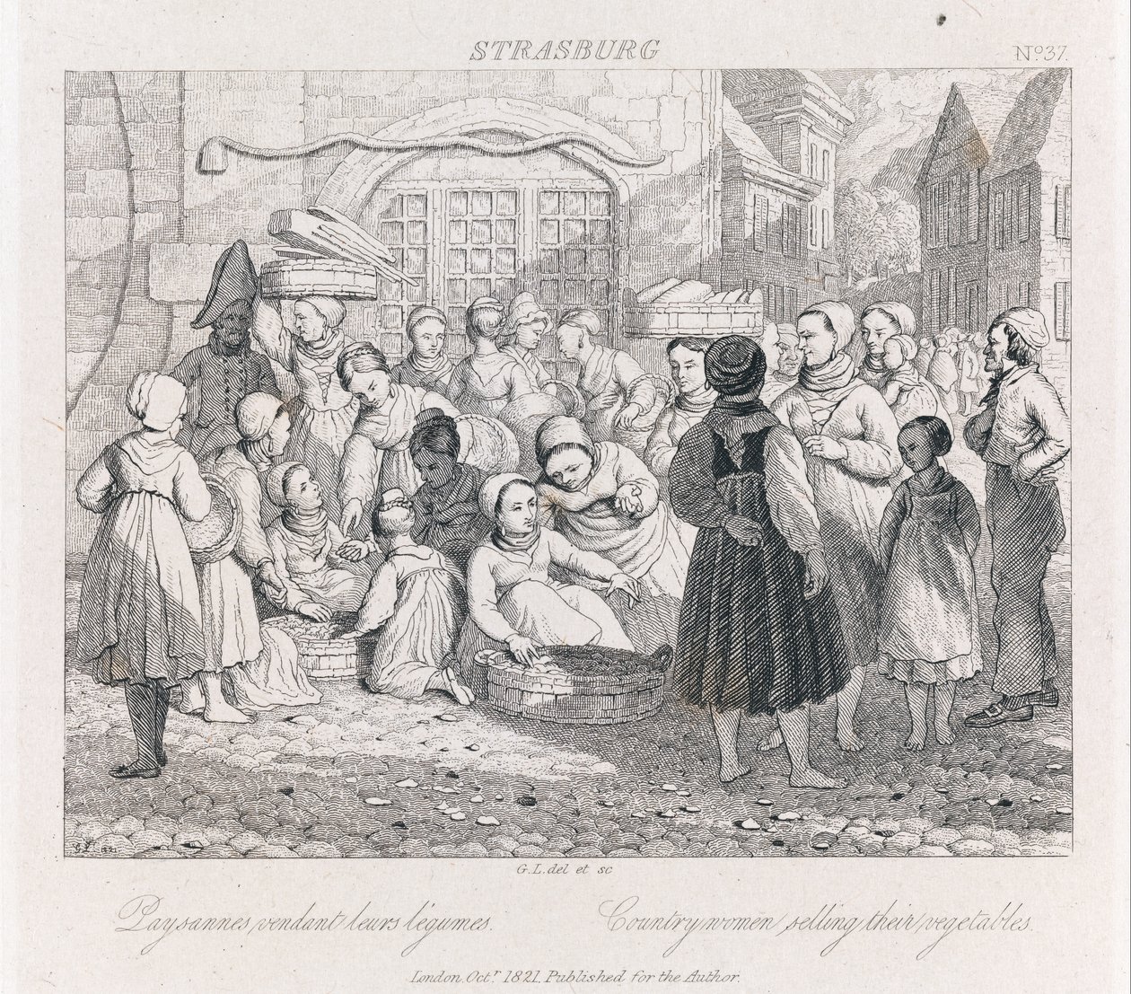 Sprzedaż chłopska, Strasburg, ok. 1821 (akwaforta) autorstwa George Robert Lewis
