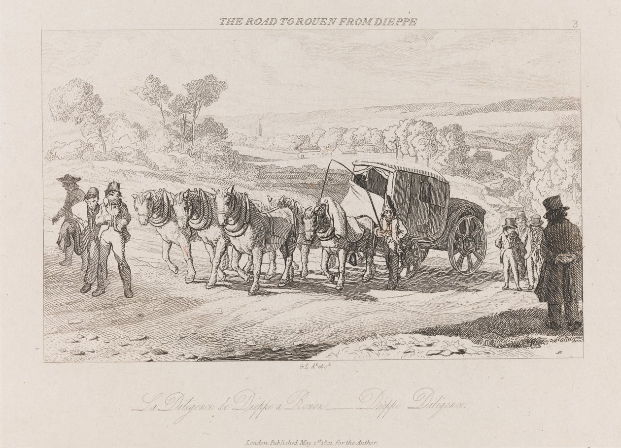 Droga do Rouen z Dieppe, Diligence, ca. 1821 (akwaforta) autorstwa George Robert Lewis