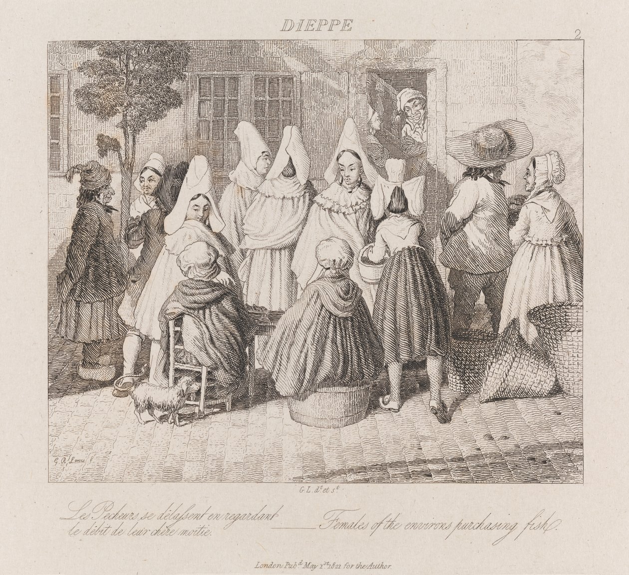 Kobiety kupujące ryby, Dieppe, ok. 1821 (akwaforta) autorstwa George Robert Lewis