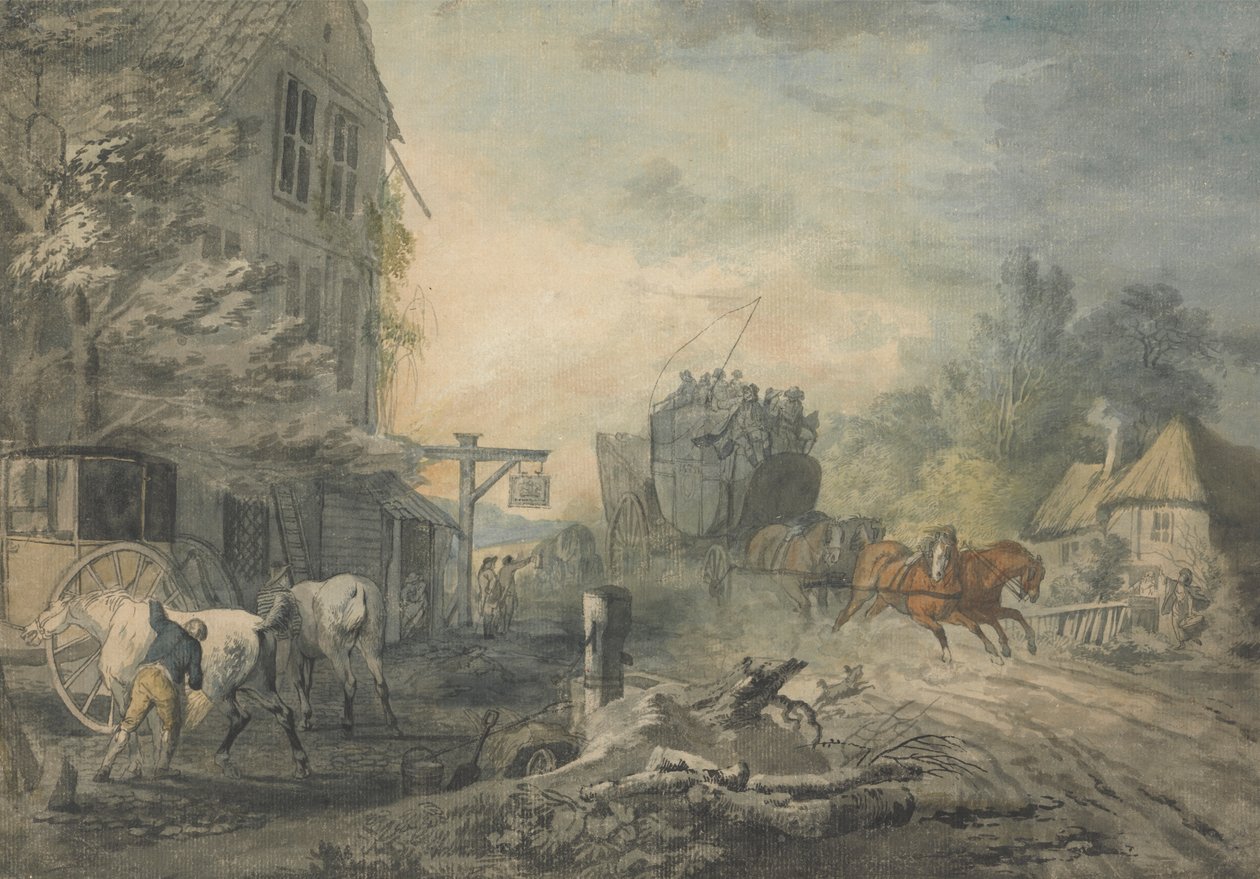 Dyliżans i cztery pędzące przez wioskę na Bath-London Road autorstwa George Robertson