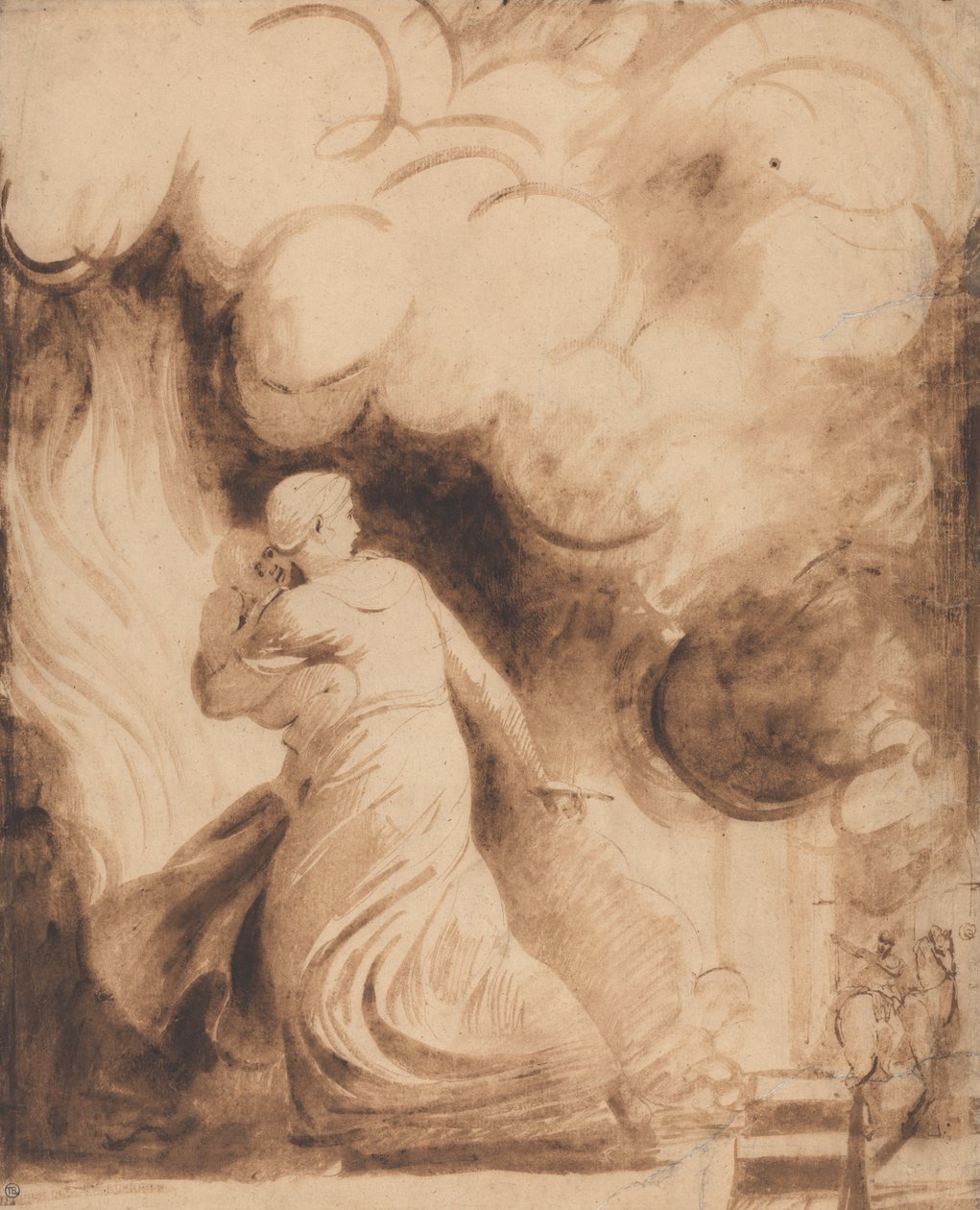 Matka z dzieckiem w ramionach lecąca na wały płonącego miasta (Lady Hamilton jako "Andromacha" uciekająca z płonącej Troi; Ogień) autorstwa George Romney
