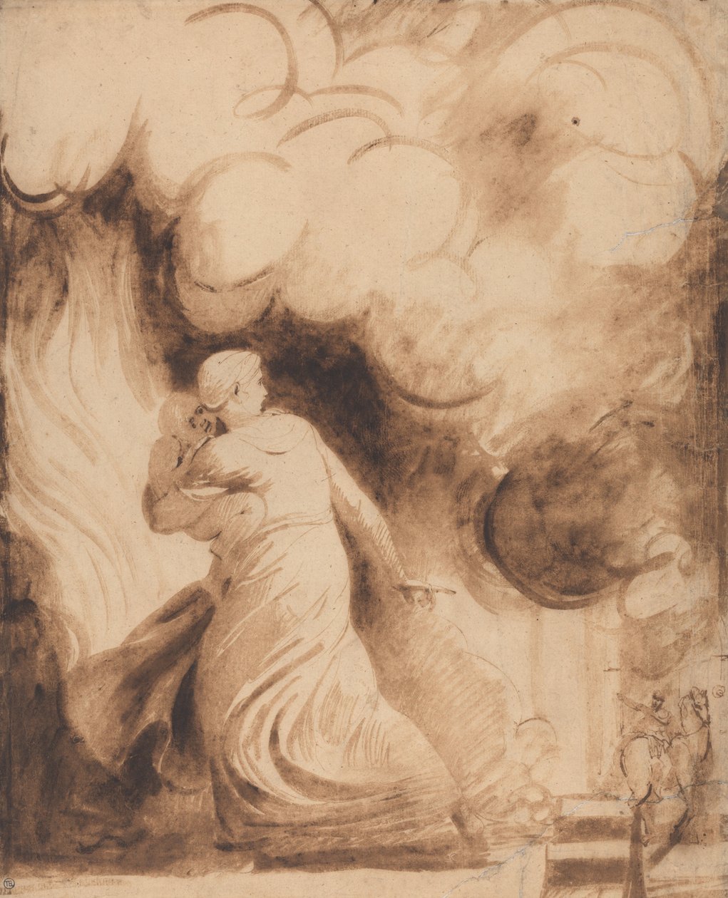 Matka z dzieckiem na rękach, szybująca nad murami płonącego miasta autorstwa George Romney