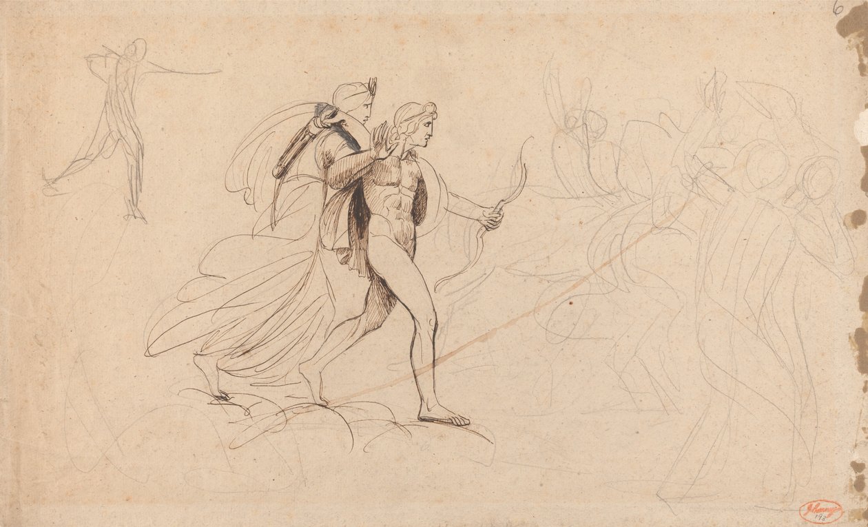 Apollo, Diana i Jeździec w sztuce „Śmierć dzieci Niobe” autorstwa George Romney
