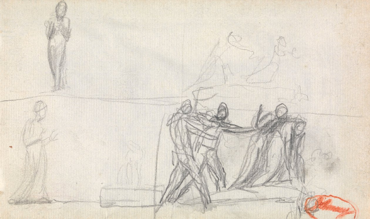 Scena grupowa i dwa szkice przedstawiające stojącą postać autorstwa George Romney