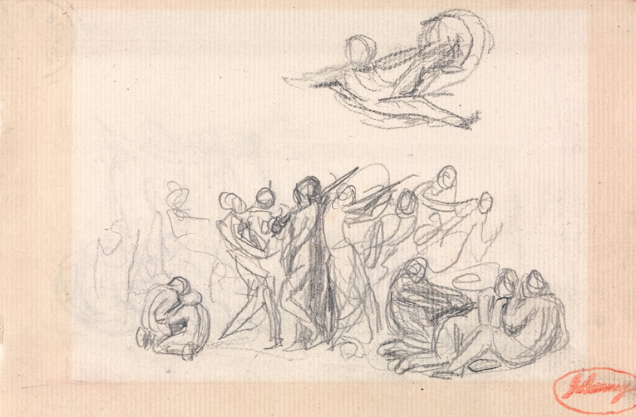 Grupa postaci z latającą postacią nad nimi autorstwa George Romney
