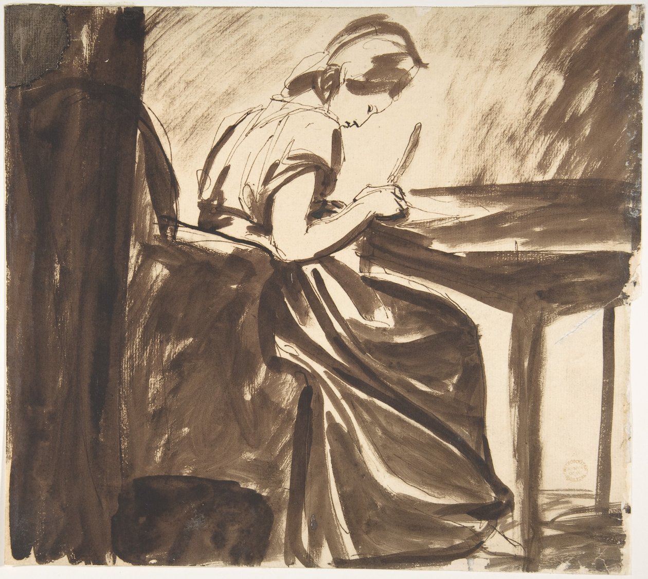 Dama siedząca przy stole (strona przednia); Tańczące postacie (strona tylna) autorstwa George Romney