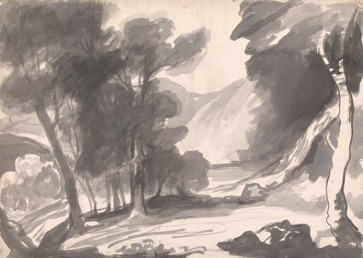 Studium pejzażu: zagajnik, jezioro i góry autorstwa George Romney