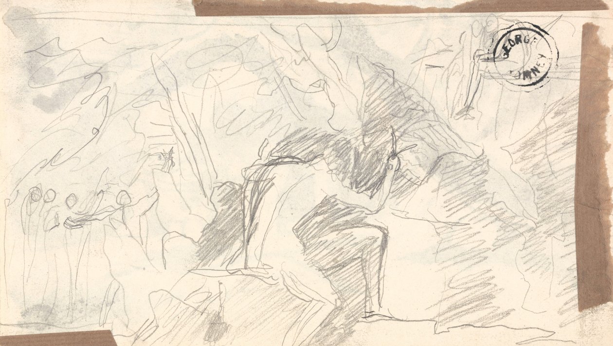 Nagi mężczyzna na skalistym pustkowiu z postaciami w oddali autorstwa George Romney