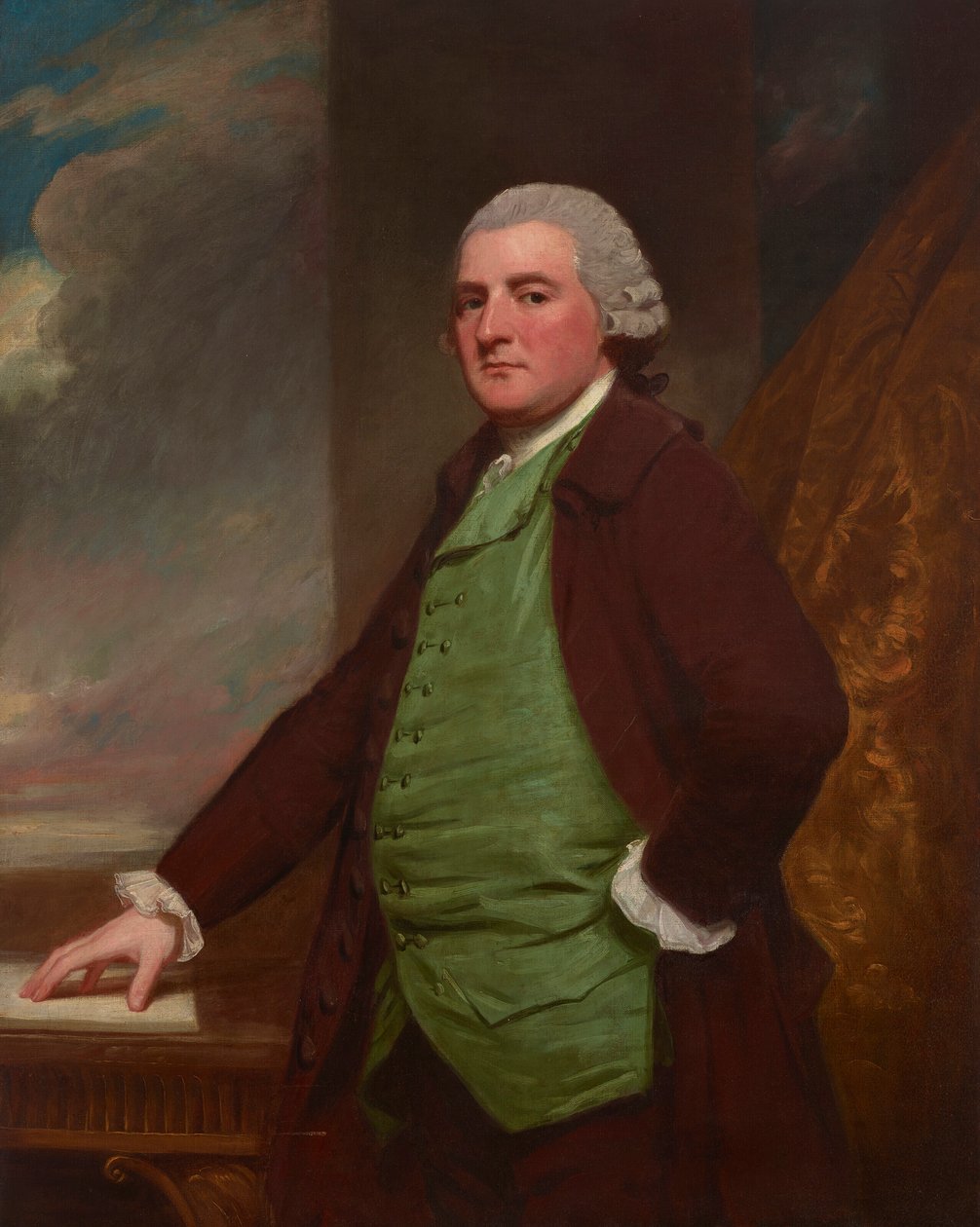 Portret Jamesa Crossa z Clifton w Bristolu (1739-1791), trzy czwarte długości, przy stole z pejzażem za nim autorstwa George Romney