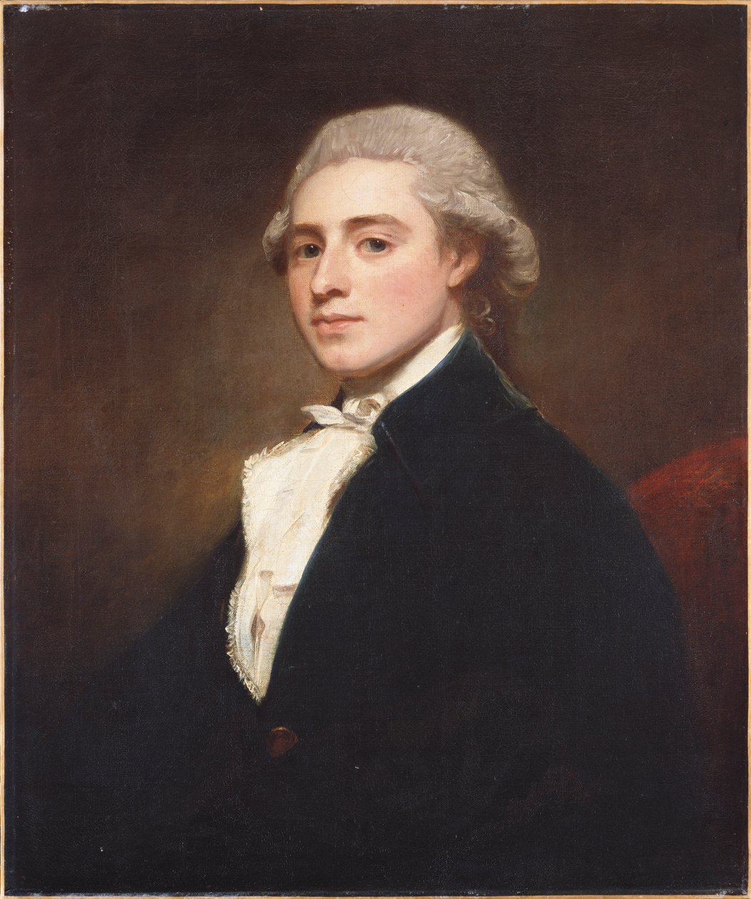 Portret Jamesa Dashwooda, połowa długości, w niebieskiej marynarce i białym żabocie autorstwa George Romney