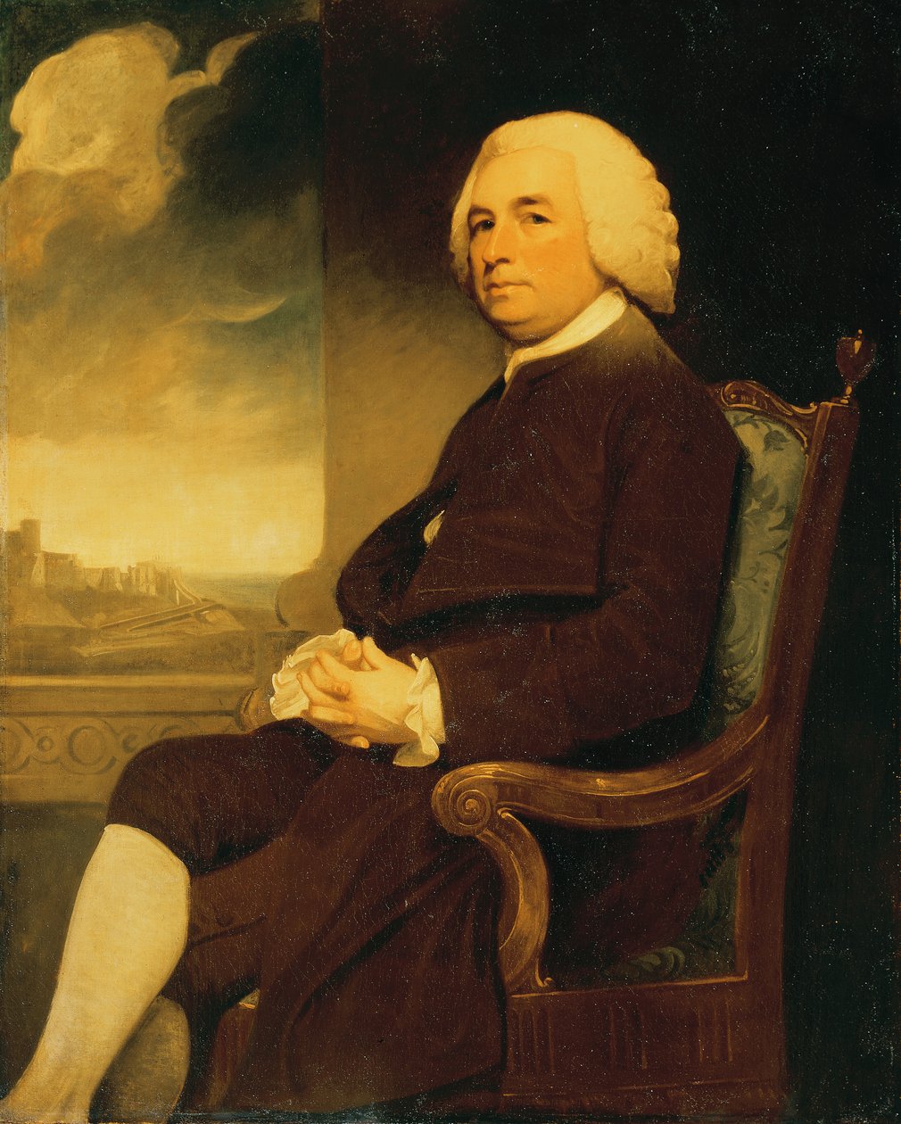 Portret Michaela Russella, siedzącego, z zamkiem Dover za nim (olej na płótnie) autorstwa George Romney
