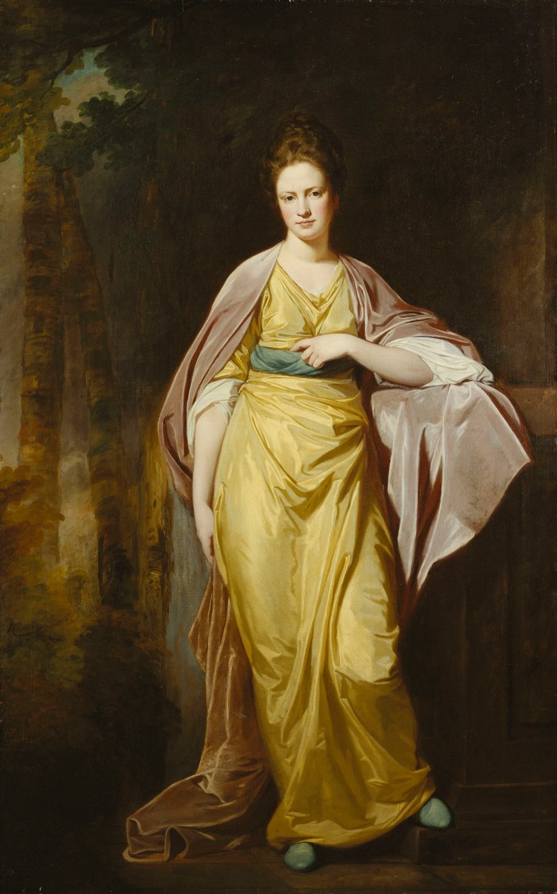 Portret pani Ellen Morewood, stojącej na całej długości, w żółtej sukience, niebieskiej szarfie i fioletowej chuście, opierając lewą rękę na postumencie, autorstwa George Romney