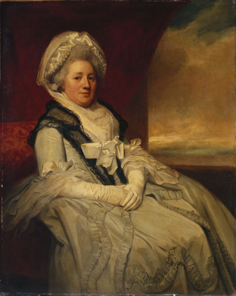 Portret pani Uppleby, siedzącej długości 3/4, ubranej w białą sukienkę i czepek z czarnym szalem autorstwa George Romney