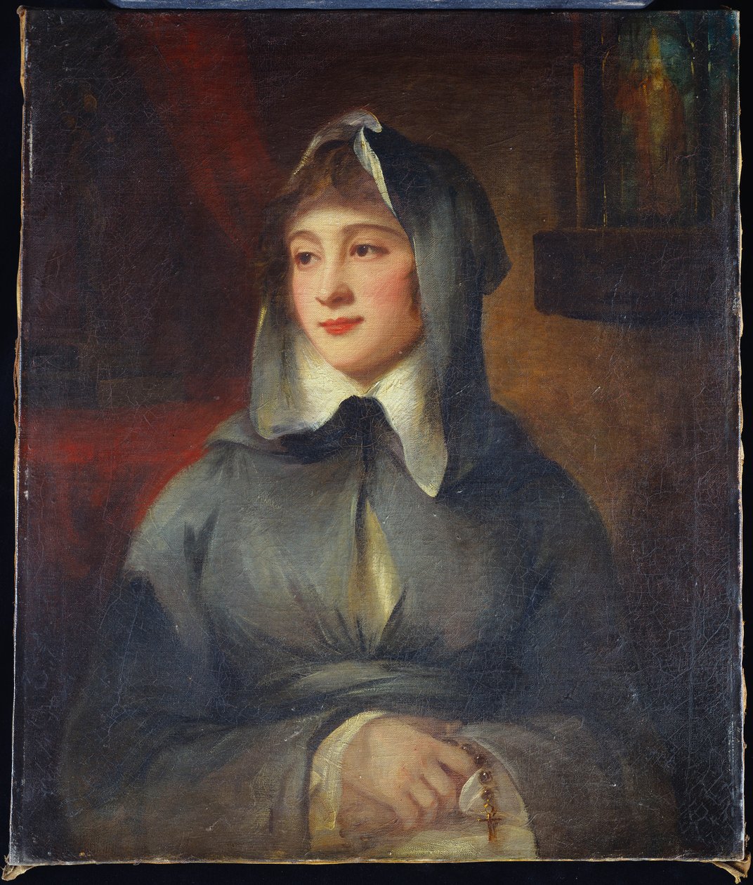 Portret damy do połowy długości jako zakonnicy trzymającej różaniec przy kapliczce we wnętrzu autorstwa George Romney