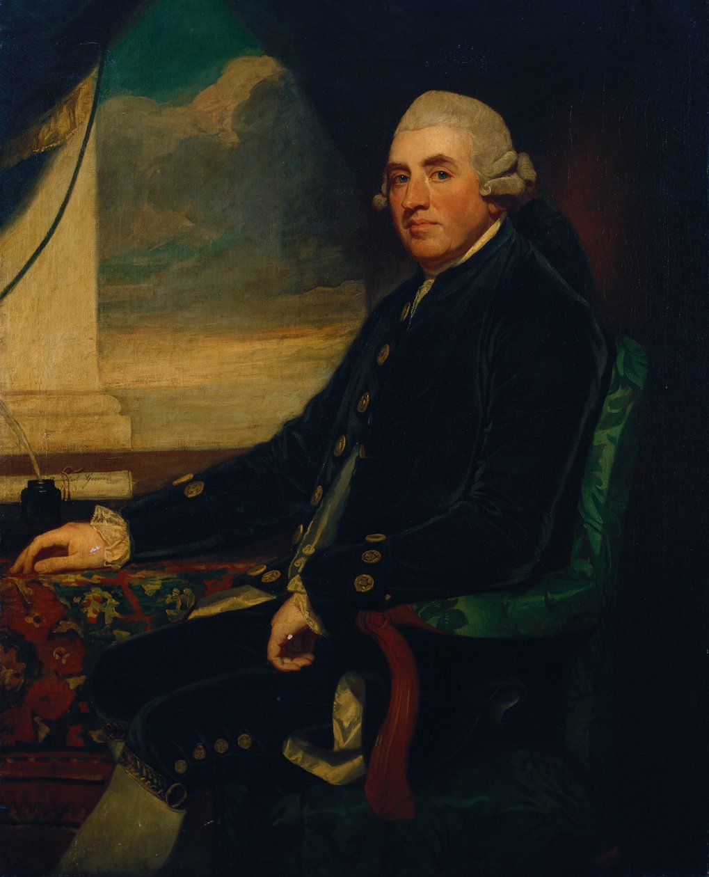 Portret pierwszego hrabiego Farnham, siedzącego, trzy czwarte długości, przy otwartym oknie autorstwa George Romney