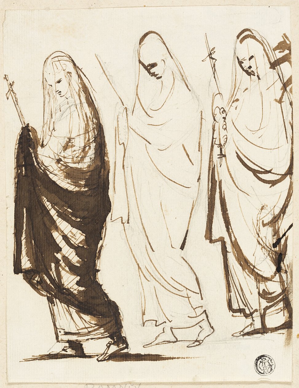 Procesja trzech udrapowanych kobiet trzymających krzyże lub berła autorstwa George Romney