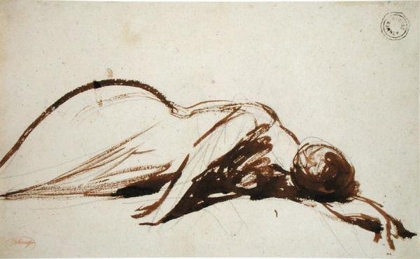 Prostrate Woman (pędzel i brązowy tusz na graficie na papierze wykładanym) autorstwa George Romney