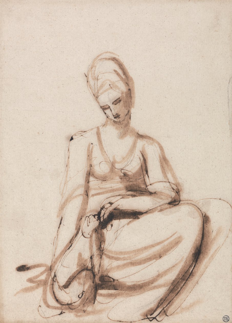 Siedząca kobieta karmiąca zwierzę autorstwa George Romney