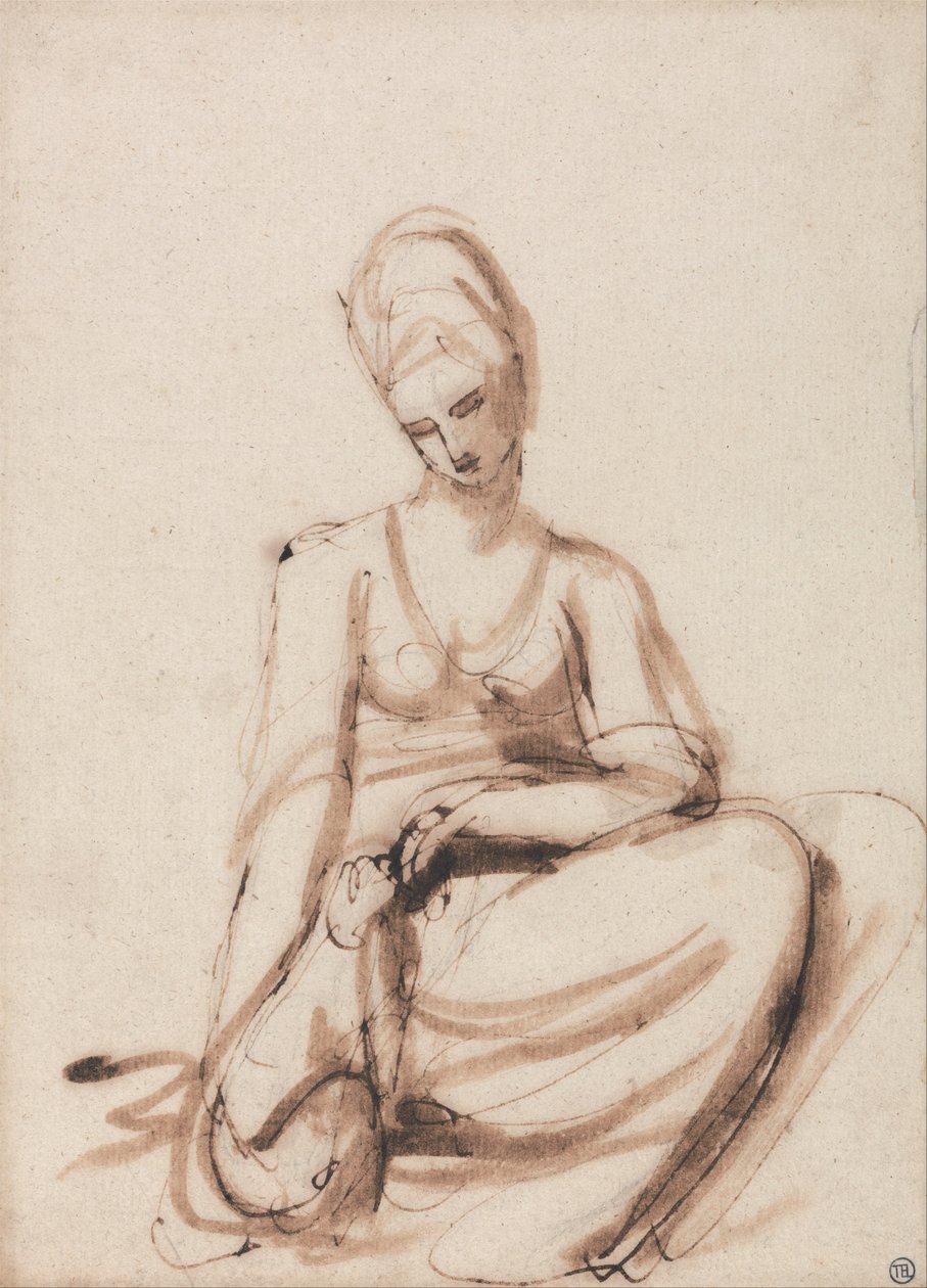 Siedząca kobieta karmiąca zwierzę autorstwa George Romney