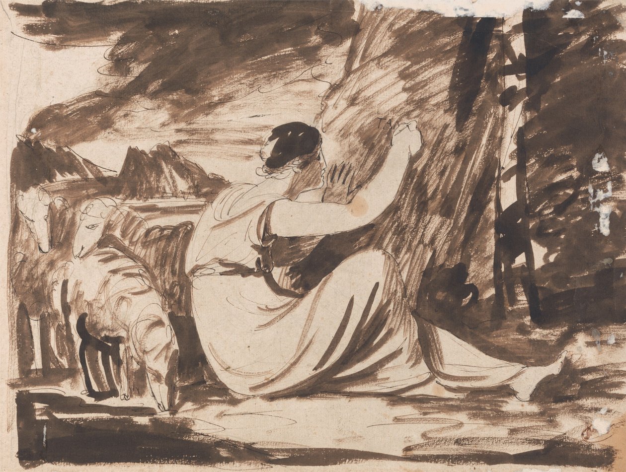 Pasterka wycinająca napis na drzewie autorstwa George Romney