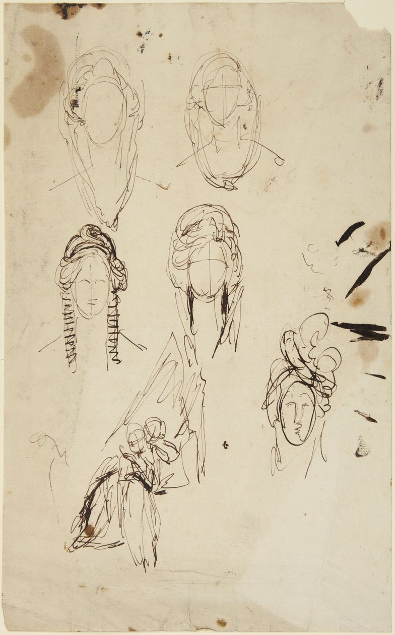 Szkice przedstawiające głowę kobiety oraz siedzącą kobietę z dzieckiem autorstwa George Romney