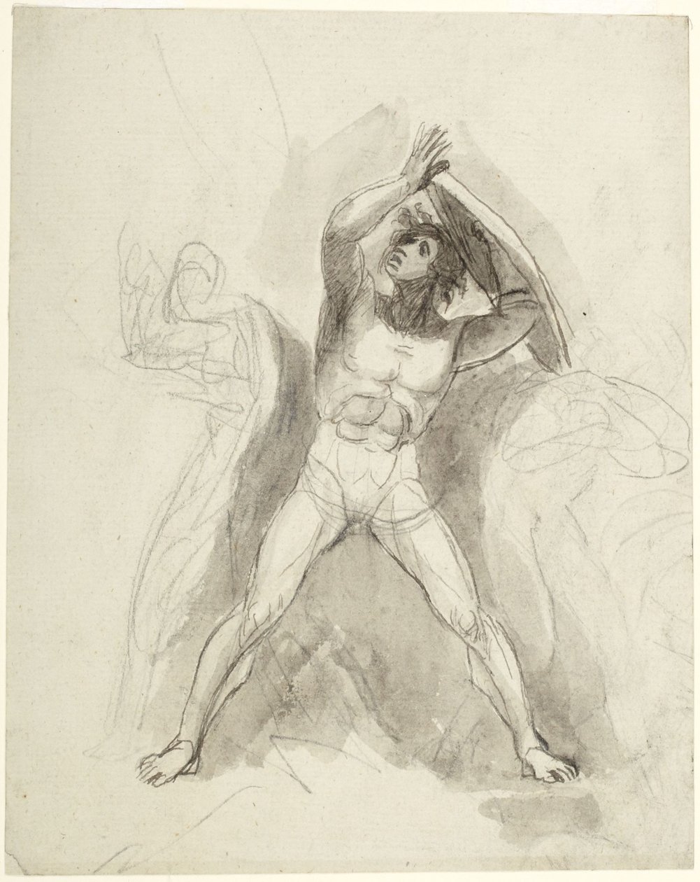 Sący nagi mężczyzna z tarczą autorstwa George Romney