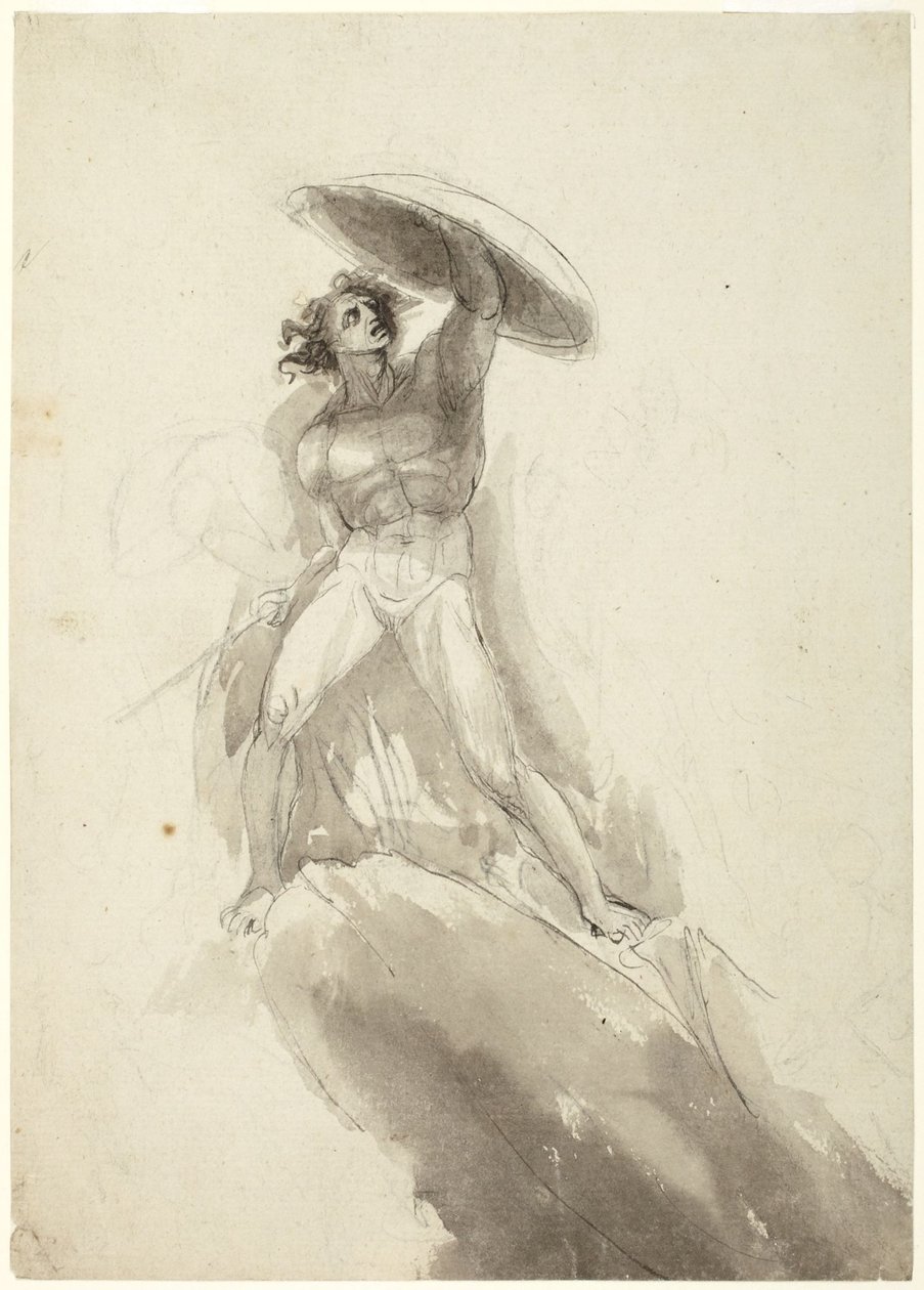 Kroczący nagi mężczyzna z tarczą: szkic do obrazu „Upadek zbuntowanych aniołów” autorstwa George Romney