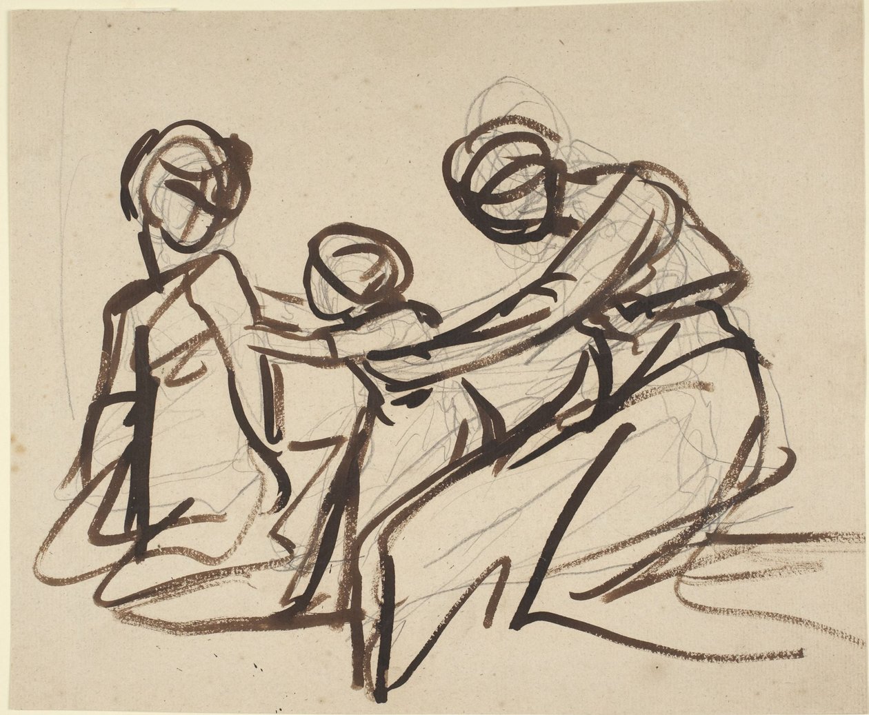 Studium przedstawiające dwie siedzące kobiety z dzieckiem autorstwa George Romney