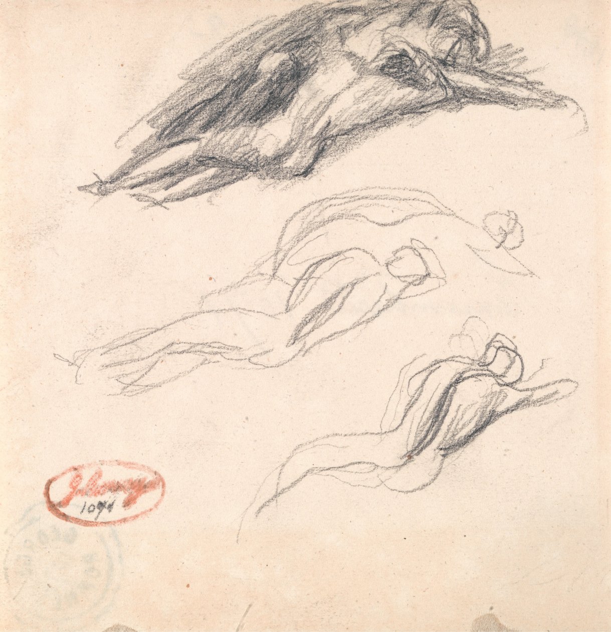 Trzy szkice śpiącej postaci, prawdopodobnie Adama i Ewy do filmu "Szatan odkryty przy uchu Ewy" autorstwa George Romney