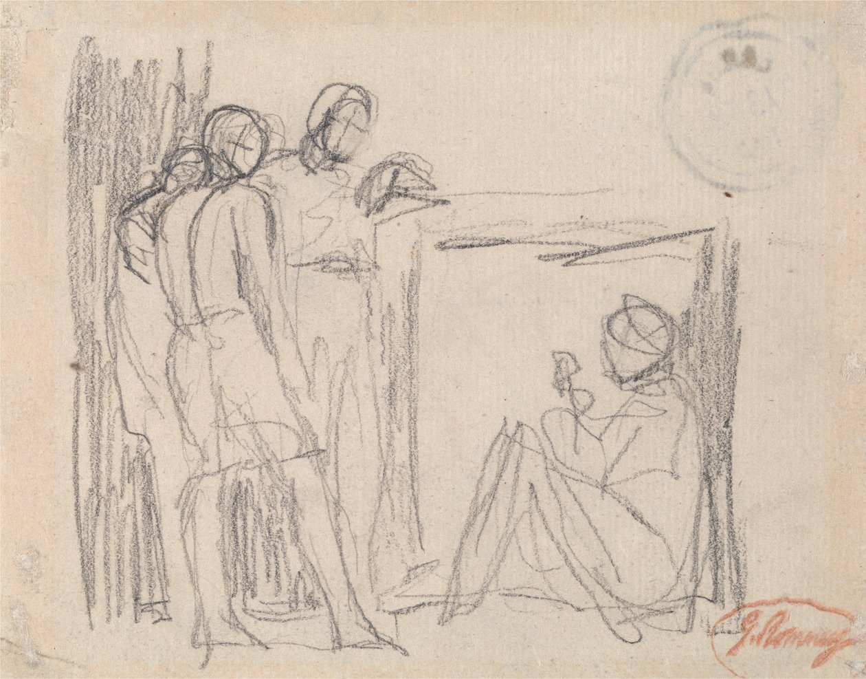 Trzy stojące postacie przed siedzącą postacią autorstwa George Romney
