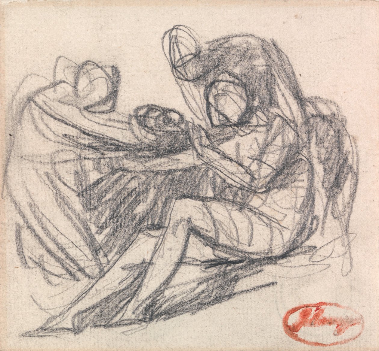 Dwie postacie pomagające siedzącej postaci autorstwa George Romney