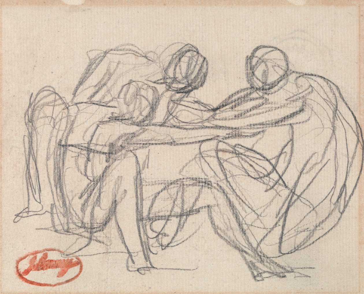 Dwie klęczące postacie zmagające się z postacią siedzącą autorstwa George Romney