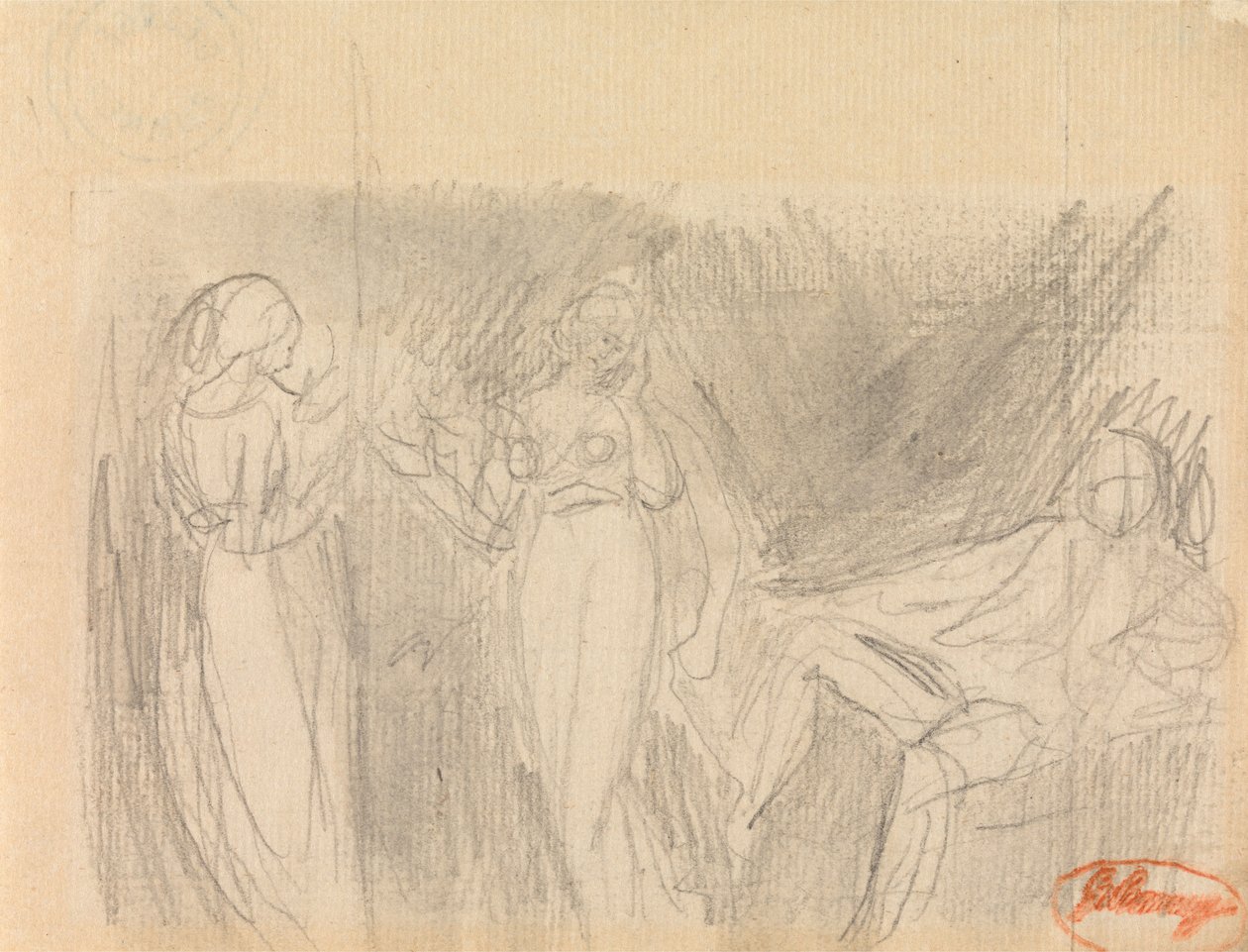 Dwie kobiety i siedzący mężczyzna autorstwa George Romney