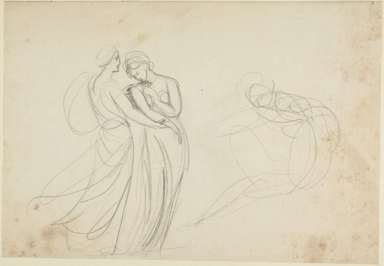 Dwie postacie kobiece przed siedzącą postacią, szkic do obrazu „Dwie dziewczyny u wróżki” autorstwa George Romney