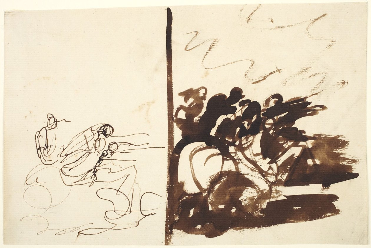Dwa studia przedstawiające grupę postaci wykonujących gesty w kierunku prawej strony autorstwa George Romney