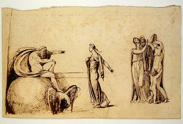 Zeus z innymi postaciami mitologicznymi (pióro i atrament na papierze) (patrz 270960 dla recto) autorstwa George Romney
