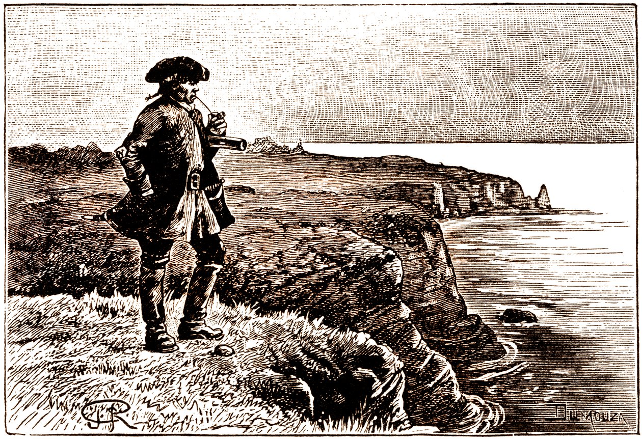 Kapitan Billy Bones obserwujący przybycie piratów autorstwa George Roux