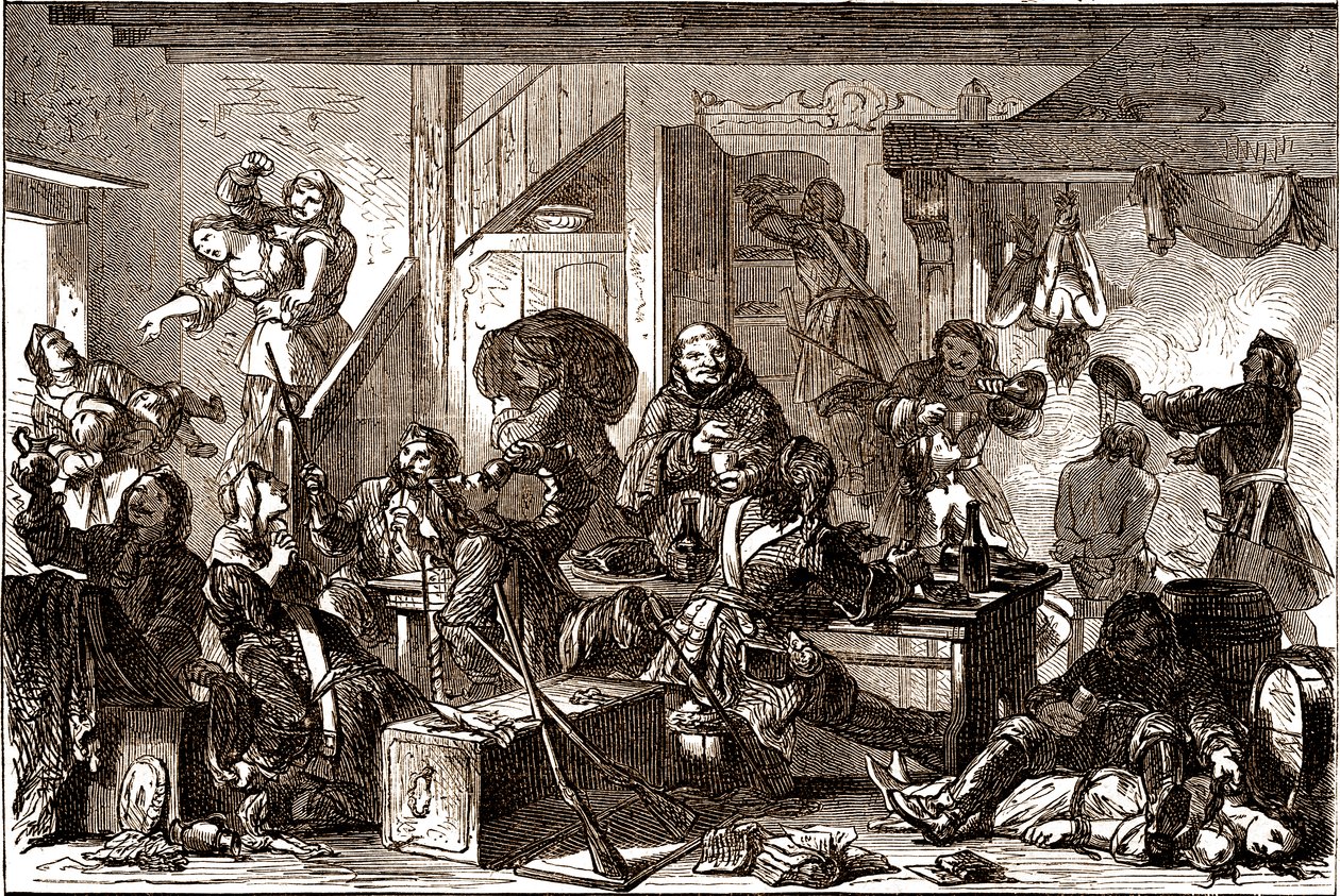 Dragonadas: perseguições dirigidas contra as comunidades protestantes do Reino da França durante a década de 1680. polonês (gravura) do século XIX autorstwa George Roux