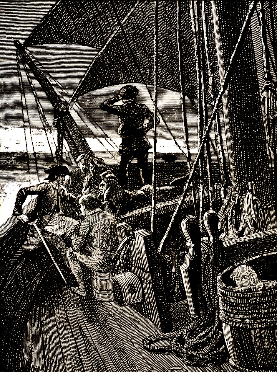 Jim Hawkins podsłuchuje rozmowę ujawniającą bunt piratów autorstwa George Roux