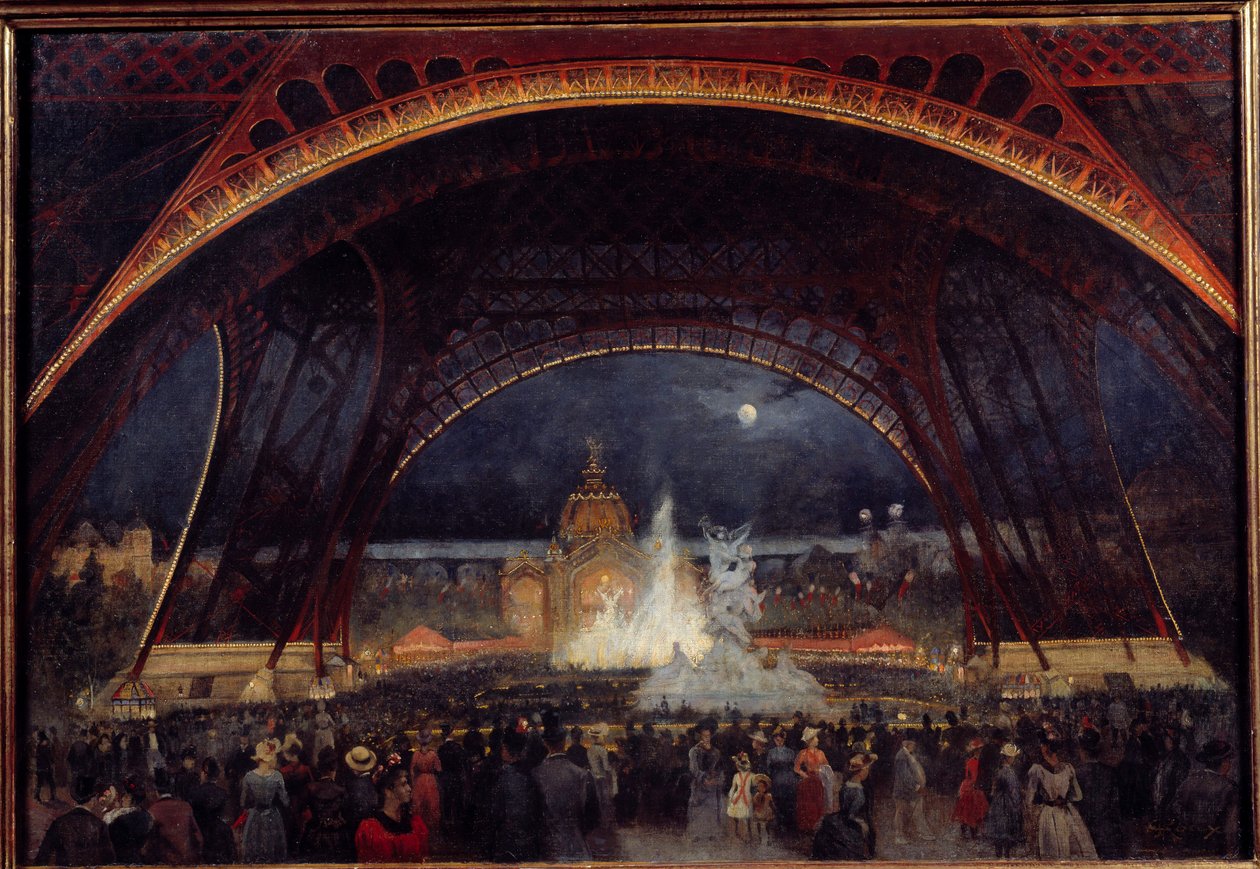 Nocne przyjęcie na Wystawie Światowej 1889 pod Wieżą Eiffla Obraz Georgesa Rouxa (XIX wiek) 1889 Nd. 0,95x0,65 m Paryż, Muzeum Carnavalet autorstwa George Roux