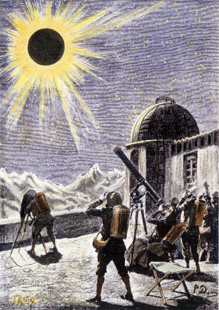 Ludzie obserwujący zaćmienie - w „Les Exiles de la Terre” André Laurie, ilustracja Georges Roux. Edycje Hetzel autorstwa George Roux