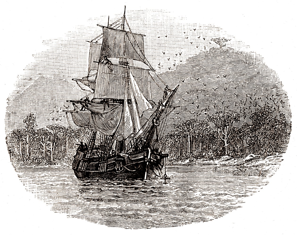 Hispaniola zarzuca kotwicę u wybrzeży wyspy autorstwa George Roux