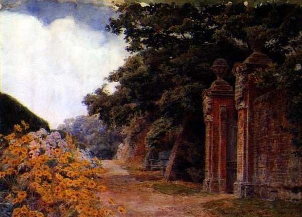 Granica ogrodowa ze ścianą i bramą autorstwa George Samuel Elgood