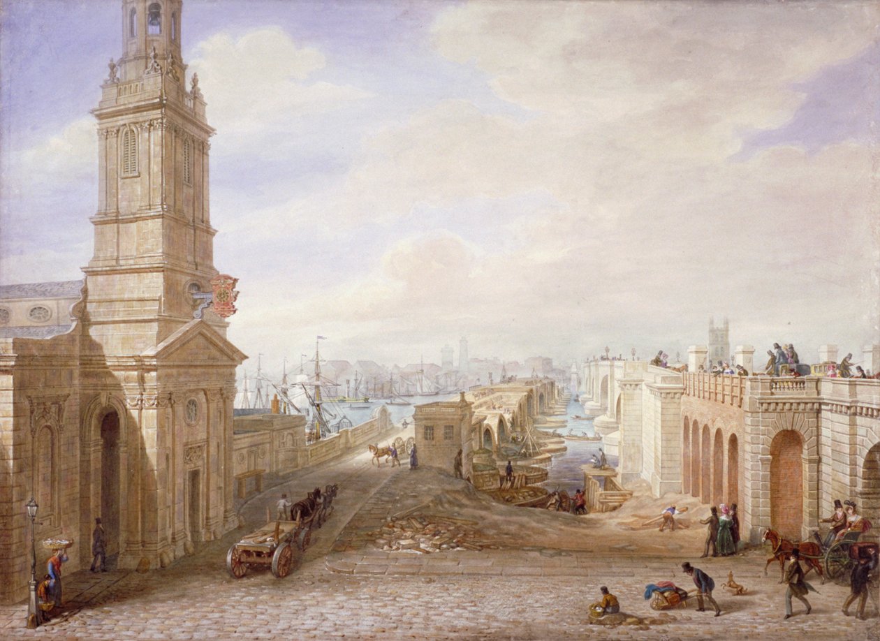 Stare i nowe londyńskie mosty patrzące na południe, Londyn, 1831. autorstwa George Scharf