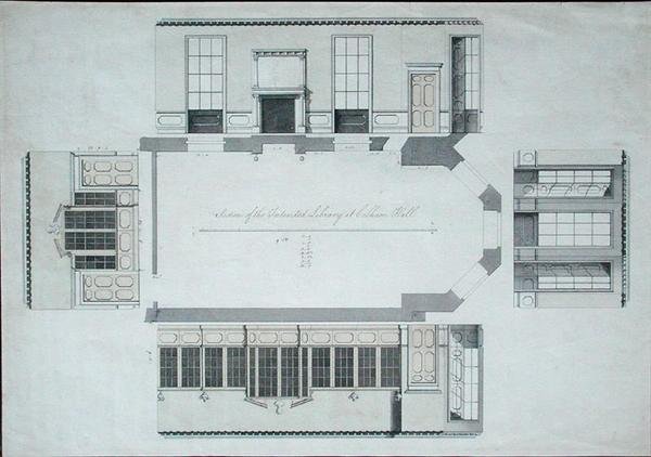 Fragment planowanej biblioteki w Cobham Hall, Kent (pióro i tusz z kolorową farbą na papierze) autorstwa George Shakespeare